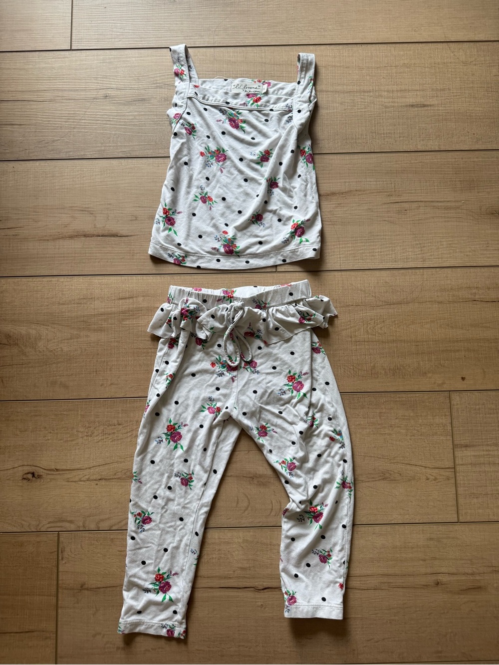 Girls Floral Polka Dot Tank & Ruffle Waist Pants Set - White & Pink